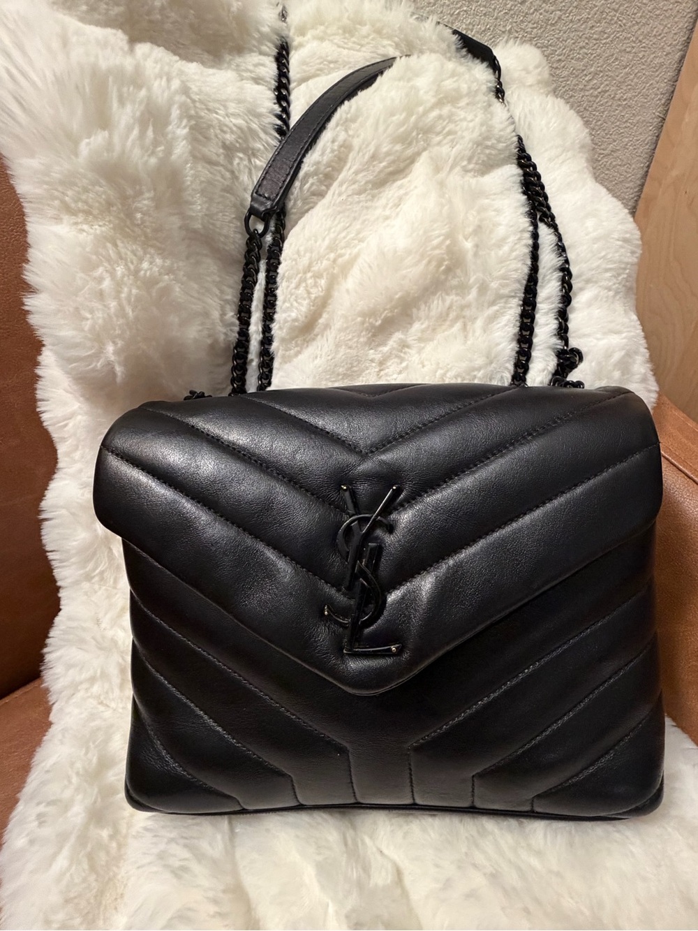 Saint Laurent YSL Small Loulou Black Chevron Leather Shoulder Bag + COA